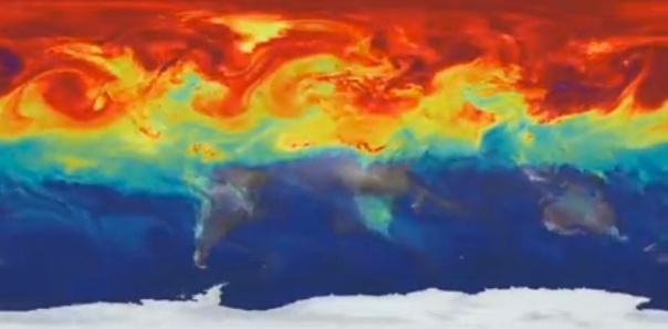 A NASA video of a computer carbon dioxide model colors the gas as it's released and circulated around the planet. 
